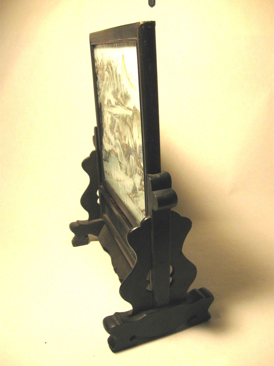Antique Chinese Painted Porcelain Landscape Art with carved wood stand Antique Chinese Painted Porcelain Landscape Art with carved wood stand