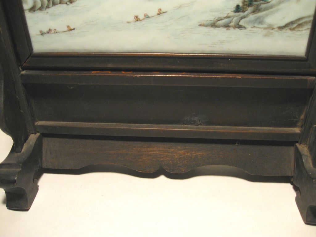 Antique Chinese Painted Porcelain Landscape Art with carved wood stand Antique Chinese Painted Porcelain Landscape Art with carved wood stand