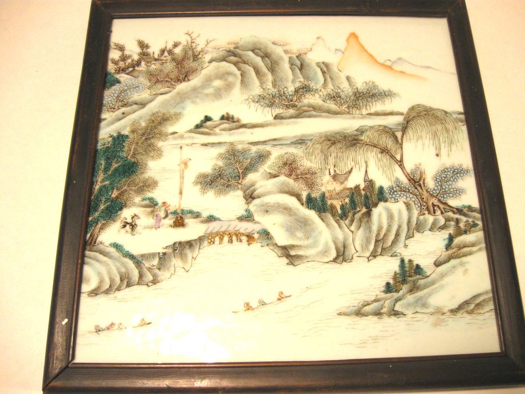 Antique Chinese Painted Porcelain Landscape Art with carved wood stand Antique Chinese Painted Porcelain Landscape Art with carved wood stand