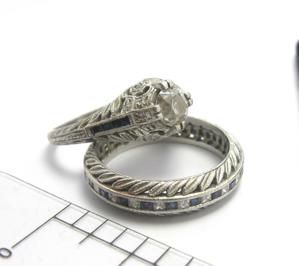 Vintage Platinum  DiamondSapphire Wedding Engagement Ring Set S 8.5