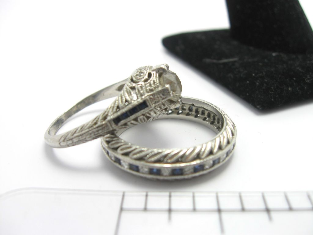 Vintage Platinum  DiamondSapphire Wedding Engagement Ring Set S 8.5
