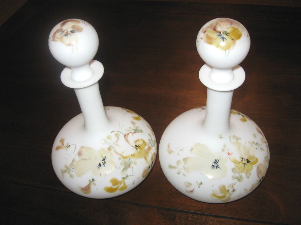 Pair of White Satin Hand Blown Hand Painted Glass Dressing Table Bottles / Decanters Pair of White Satin Hand Blown Hand Painted Glass Dressing Table Bottles / Decanters