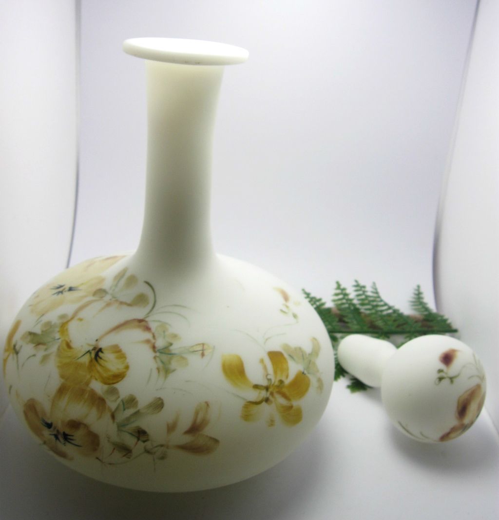 Pair of White Satin Hand Blown Hand Painted Glass Dressing Table Bottles / Decanters Pair of White Satin Hand Blown Hand Painted Glass Dressing Table Bottles / Decanters