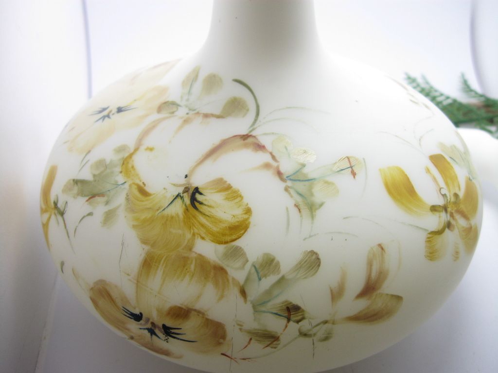 Pair of White Satin Hand Blown Hand Painted Glass Dressing Table Bottles / Decanters Pair of White Satin Hand Blown Hand Painted Glass Dressing Table Bottles / Decanters