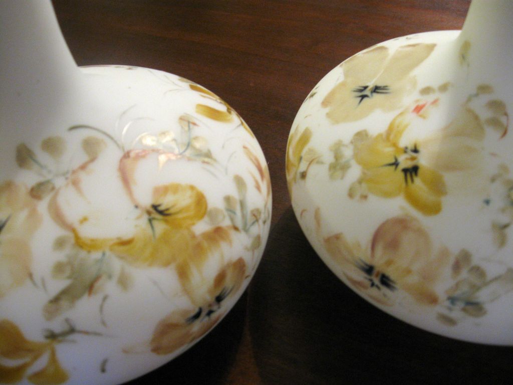 Pair of White Satin Hand Blown Hand Painted Glass Dressing Table Bottles / Decanters Pair of White Satin Hand Blown Hand Painted Glass Dressing Table Bottles / Decanters