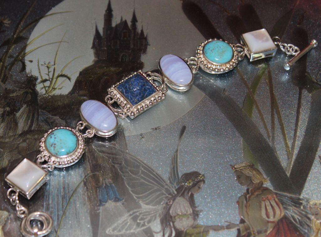Vintage .925 Craved Lapis with Turquoise Stone Bracelet Vintage .925 Craved Lapis with Turquoise Stone Bracelet