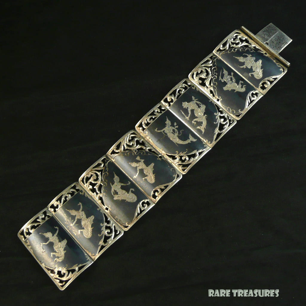 Wide Siam Sterling Silver Niello Vintage Panel Bracelet