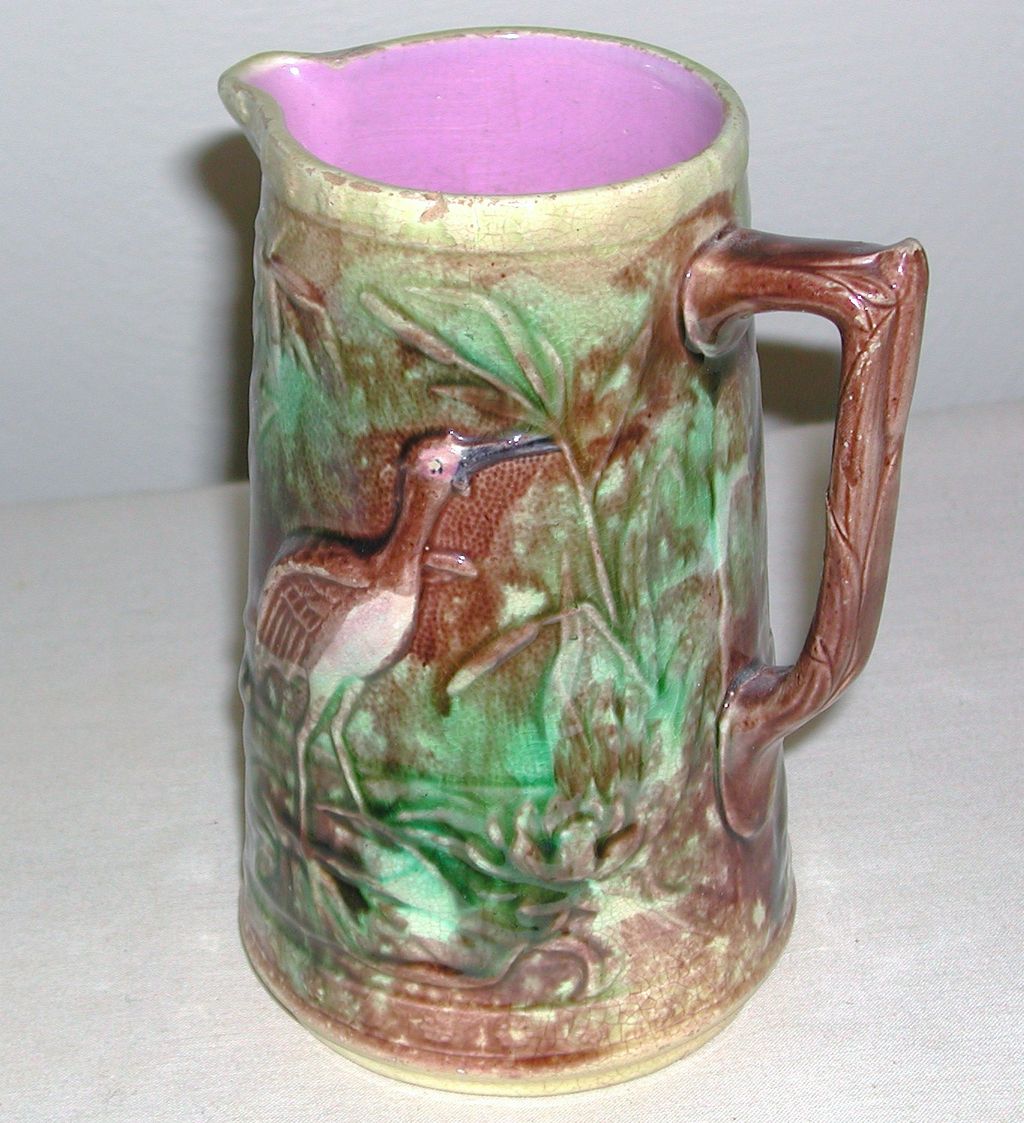 Victorian Majolica Pitcher Heron Birds marked late 1800s Victorian Majolica Pitcher Heron Birds marked late 1800s