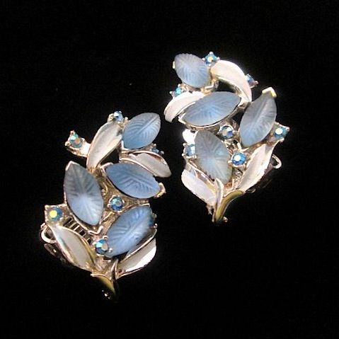 Vintage BSK Molded Moon Glow Glass with Blue Chatons Clips Vintage BSK Molded Moon Glow Glass with Blue Chatons Clips