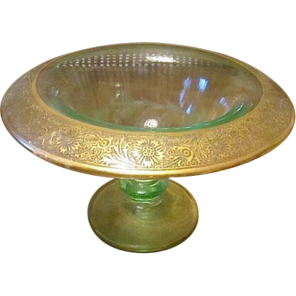 Green Glass Bowl-Gold Leaf Trim- Etched Floral Pattern Green Glass Bowl-Gold Leaf Trim- Etched Floral Pattern