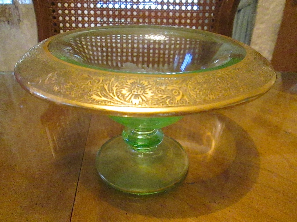Green Glass Bowl-Gold Leaf Trim- Etched Floral Pattern Green Glass Bowl-Gold Leaf Trim- Etched Floral Pattern