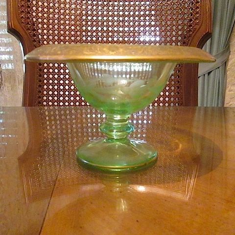 Green Glass Bowl-Gold Leaf Trim- Etched Floral Pattern Green Glass Bowl-Gold Leaf Trim- Etched Floral Pattern