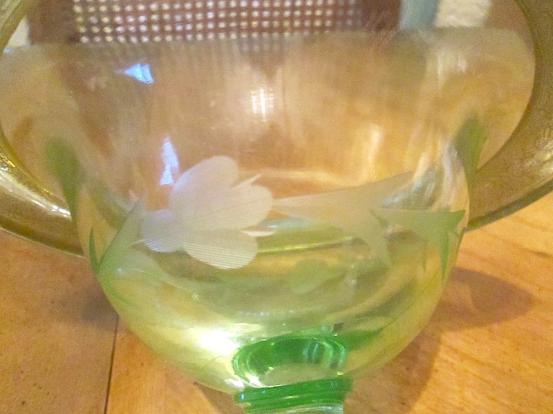 Green Glass Bowl-Gold Leaf Trim- Etched Floral Pattern Green Glass Bowl-Gold Leaf Trim- Etched Floral Pattern