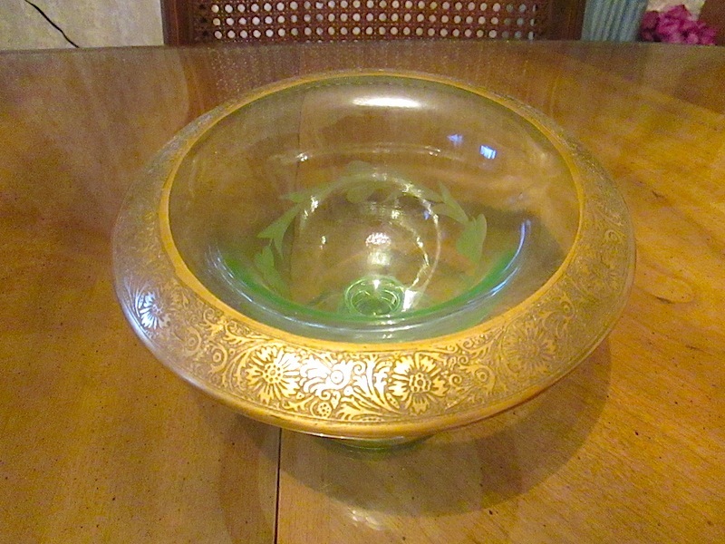 Green Glass Bowl-Gold Leaf Trim- Etched Floral Pattern Green Glass Bowl-Gold Leaf Trim- Etched Floral Pattern