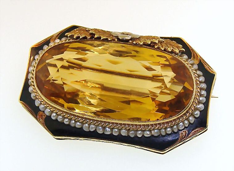 Antique 14 Karat Gold 20ct Citrine & Seed Pearl Enamel Brooch Pin 14k Antique 14 Karat Gold 20ct Citrine & Seed Pearl Enamel Brooch Pin 14k