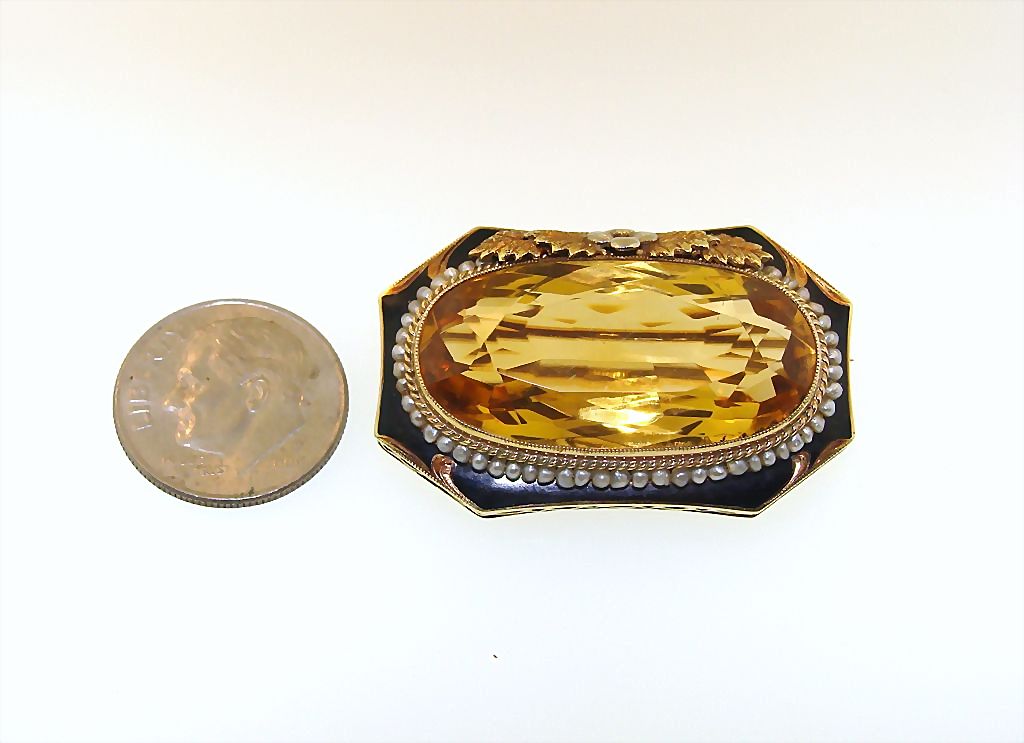 Antique 14 Karat Gold 20ct Citrine & Seed Pearl Enamel Brooch Pin 14k Antique 14 Karat Gold 20ct Citrine & Seed Pearl Enamel Brooch Pin 14k