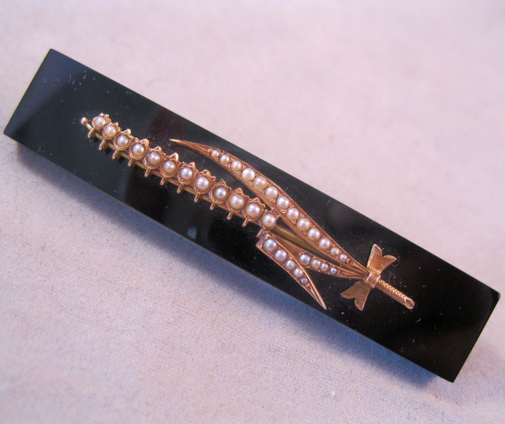 Victorian 1883 14K Mourning Bar Pin Seed Pearl Onyx with Provenance Letter Victorian 1883 14K Mourning Bar Pin Seed Pearl Onyx with Provenance Letter
