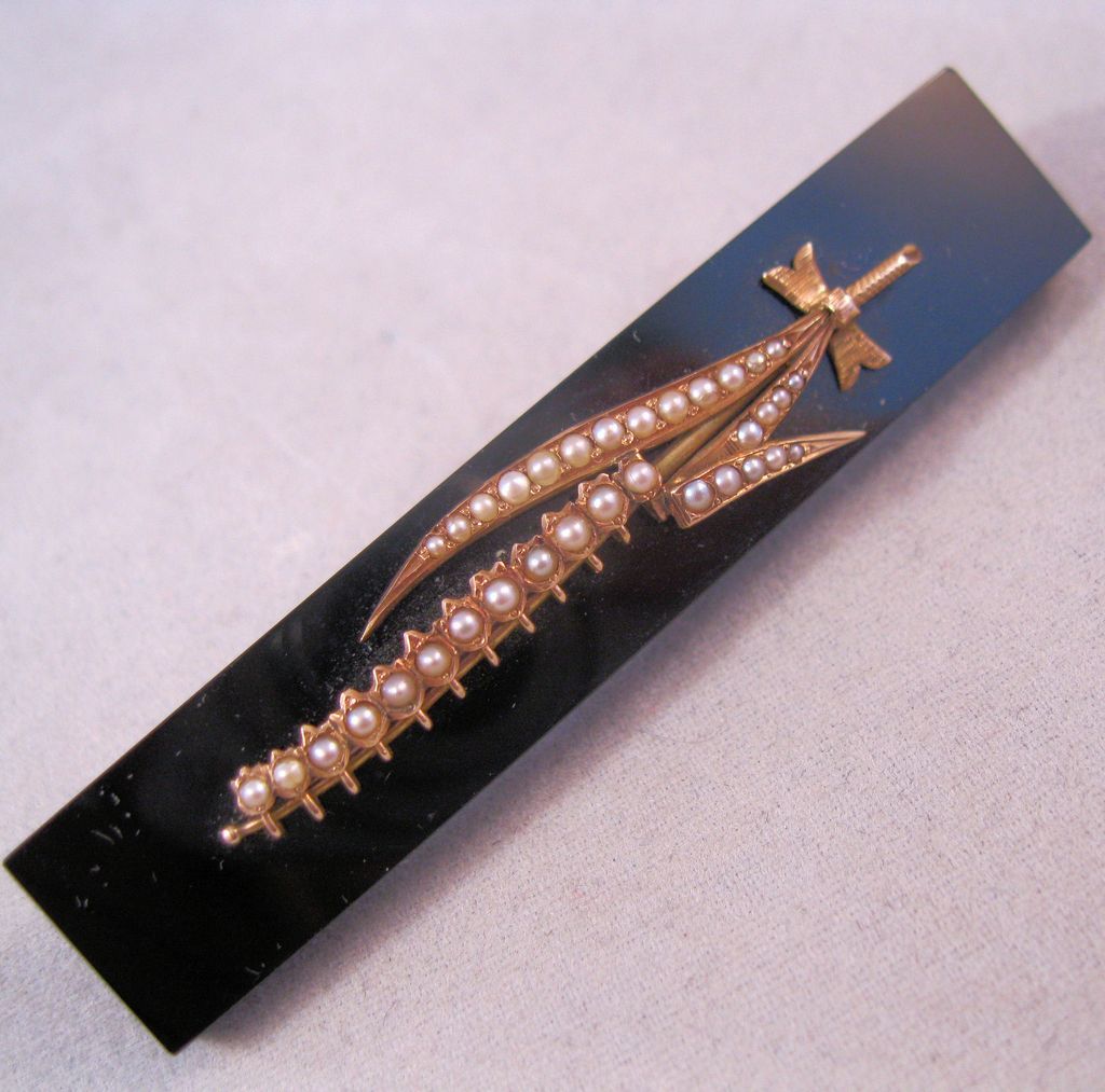 Victorian 1883 14K Mourning Bar Pin Seed Pearl Onyx with Provenance Letter Victorian 1883 14K Mourning Bar Pin Seed Pearl Onyx with Provenance Letter