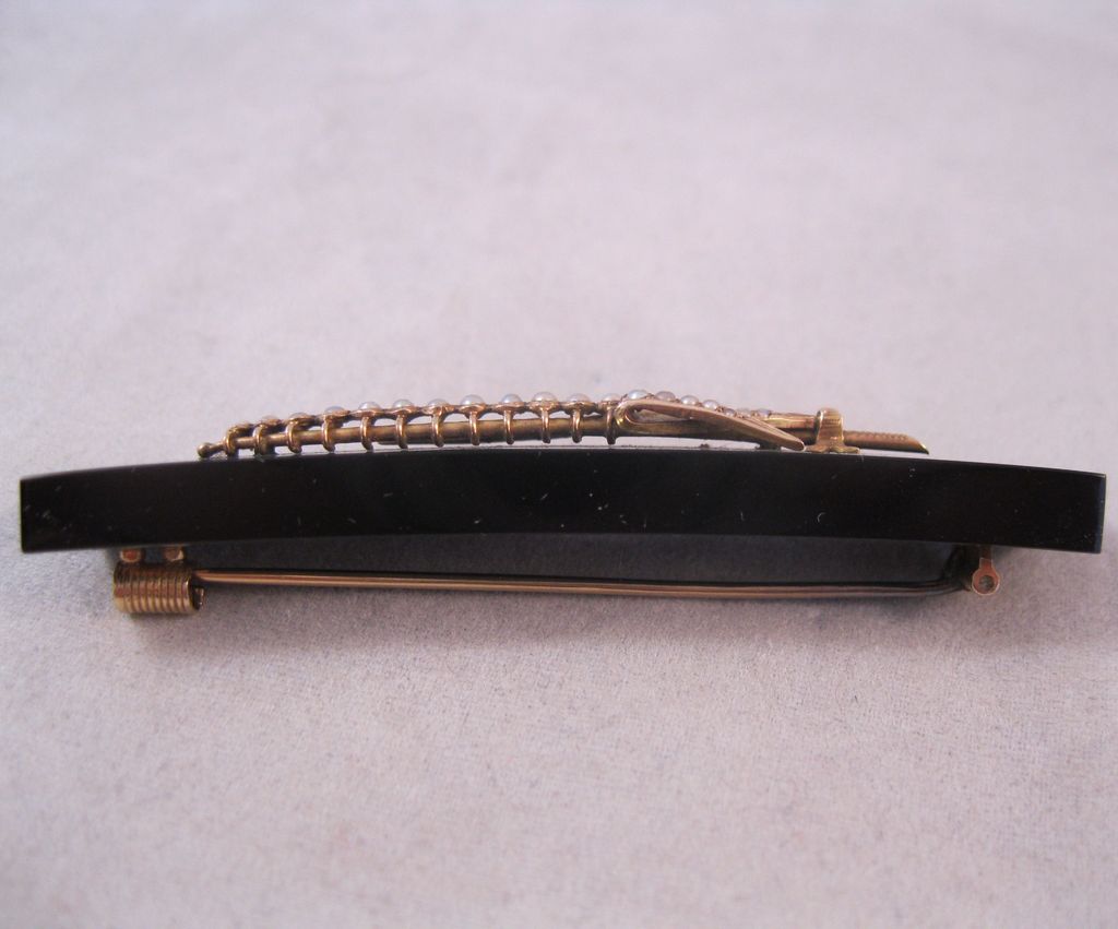 Victorian 1883 14K Mourning Bar Pin Seed Pearl Onyx with Provenance Letter Victorian 1883 14K Mourning Bar Pin Seed Pearl Onyx with Provenance Letter