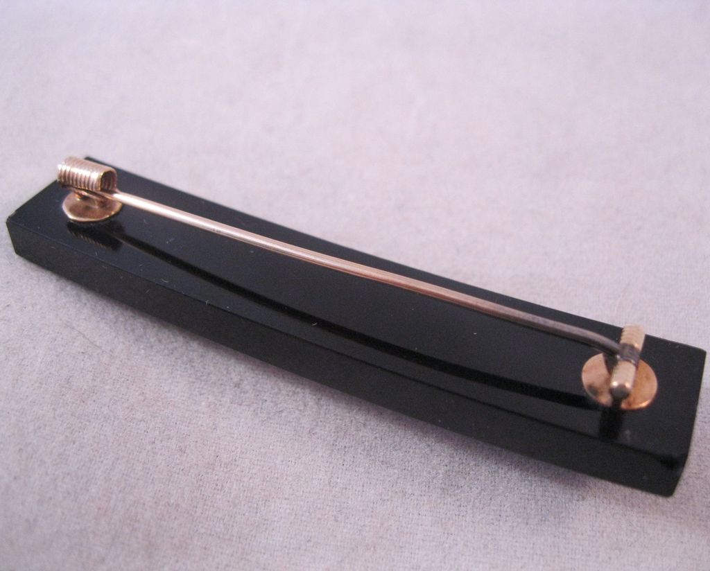 Victorian 1883 14K Mourning Bar Pin Seed Pearl Onyx with Provenance Letter Victorian 1883 14K Mourning Bar Pin Seed Pearl Onyx with Provenance Letter