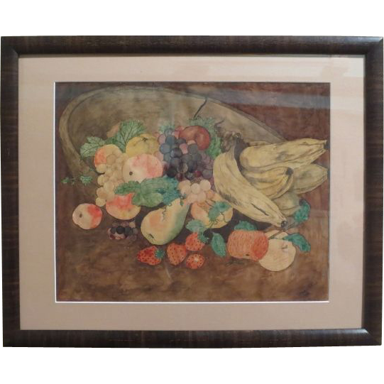 Primitive Watercolor Fruit Bowl Signed/Dated 1912 Primitive Watercolor Fruit Bowl Signed/Dated 1912