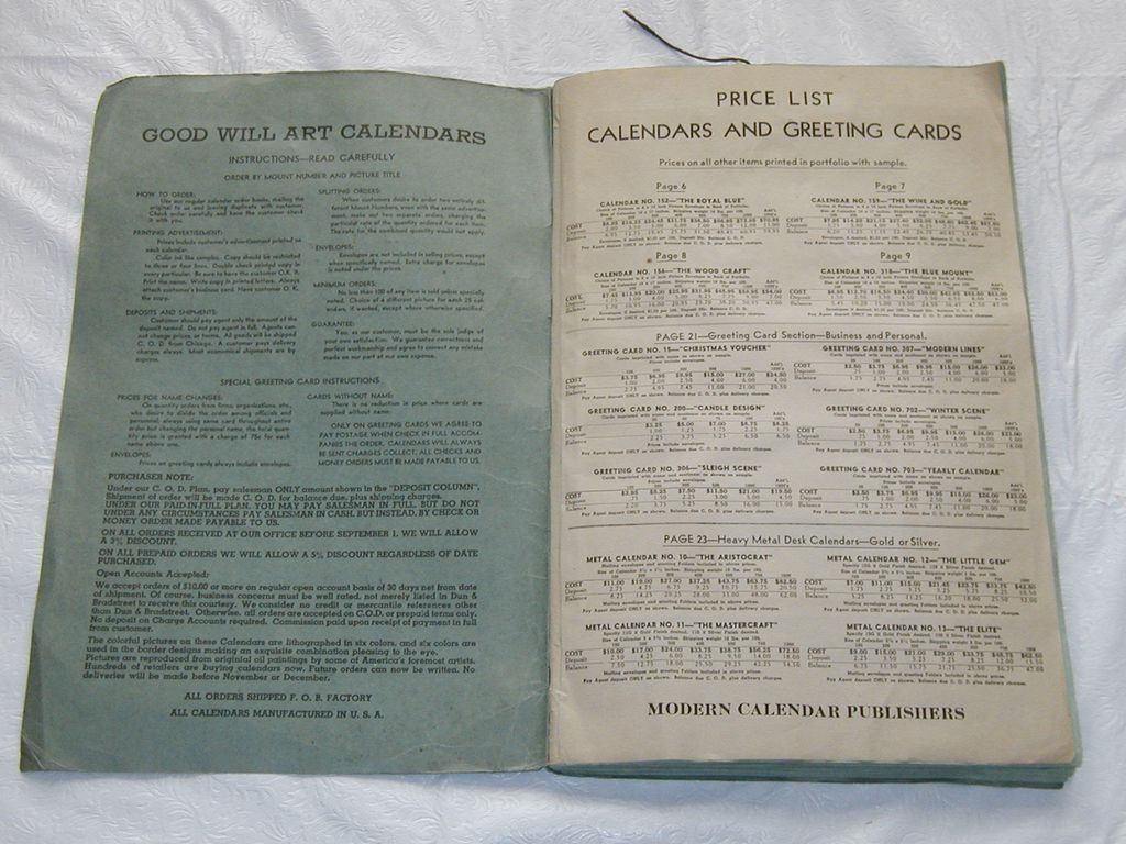 1930's Modern Calendar Publishers Salesmans Sample 1930's Modern Calendar Publishers Salesmans Sample