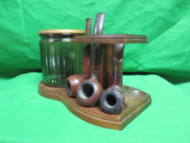 Vintage Wooden Aztec Pipe Holder W/Glass Humidor Jar Vintage Wooden Aztec Pipe Holder W/Glass Humidor Jar