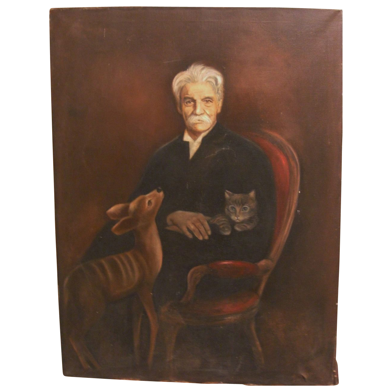 Original Vintage Oil on Canvas of Albert Schweitzer, his cat, and a deer Signed! Original Vintage Oil on Canvas of Albert Schweitzer, his cat, and a deer Signed!