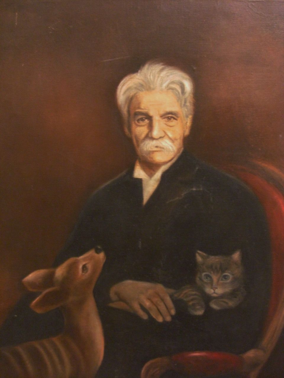 Original Vintage Oil on Canvas of Albert Schweitzer, his cat, and a deer Signed! Original Vintage Oil on Canvas of Albert Schweitzer, his cat, and a deer Signed!