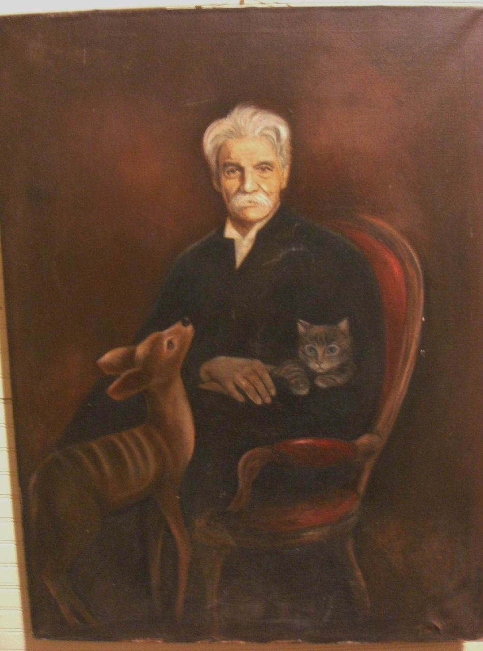 Original Vintage Oil on Canvas of Albert Schweitzer, his cat, and a deer Signed! Original Vintage Oil on Canvas of Albert Schweitzer, his cat, and a deer Signed!