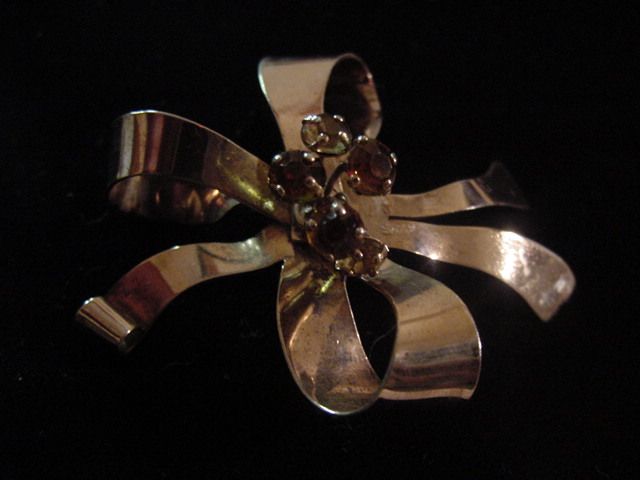 Vintage gold tone signed sterling silver 925 bow with rhinestones brooch pin Vintage gold tone signed sterling silver 925 bow with rhinestones brooch pin