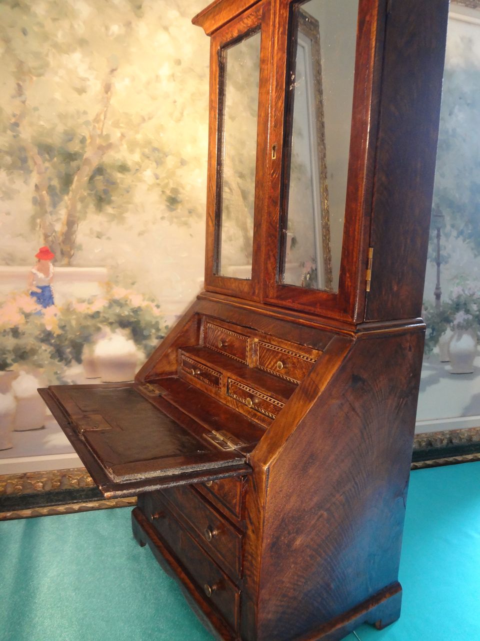Antique English Miniature Secretary With Marquetry Inlay Antique English Miniature Secretary With Marquetry Inlay