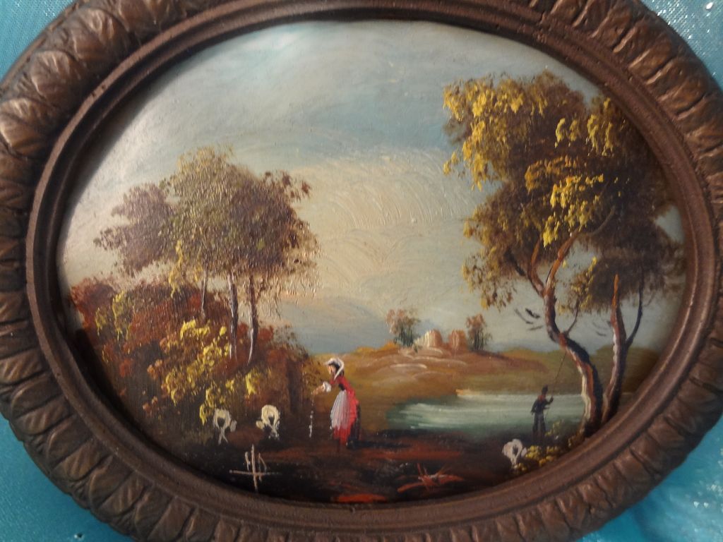 Miniature Painting of Pastoral Scene in Oval Frame Miniature Painting of Pastoral Scene in Oval Frame