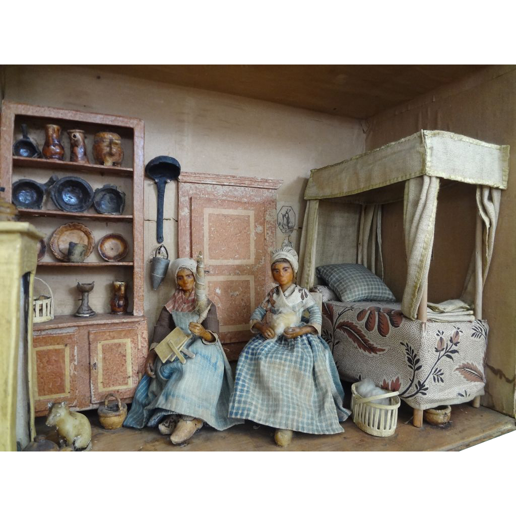 Early French Room Box with Wax Dolls Furniture Fireplace Early French Room Box with Wax Dolls Furniture Fireplace