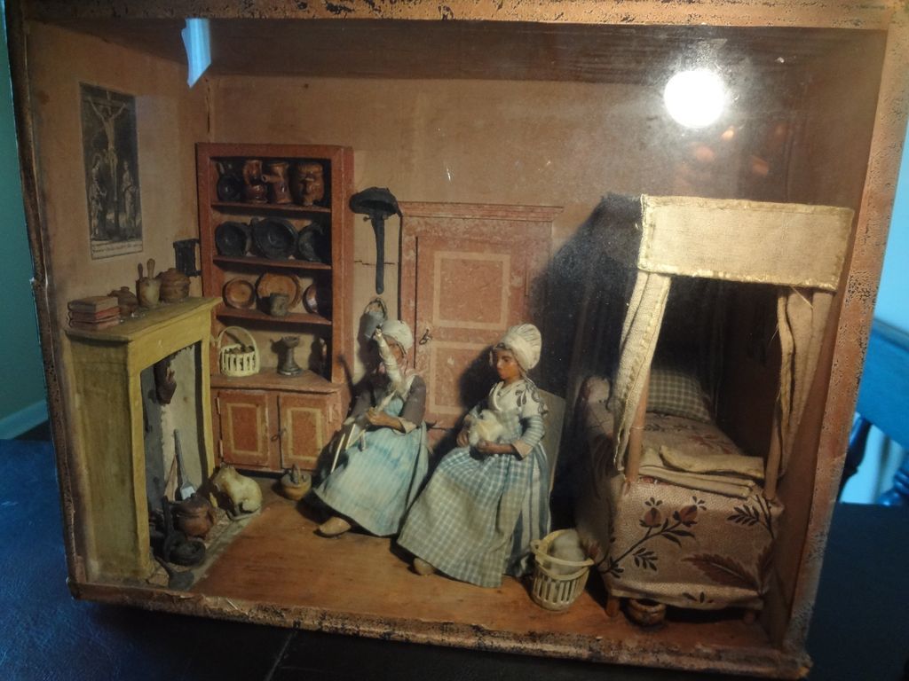 Early French Room Box with Wax Dolls Furniture Fireplace Early French Room Box with Wax Dolls Furniture Fireplace