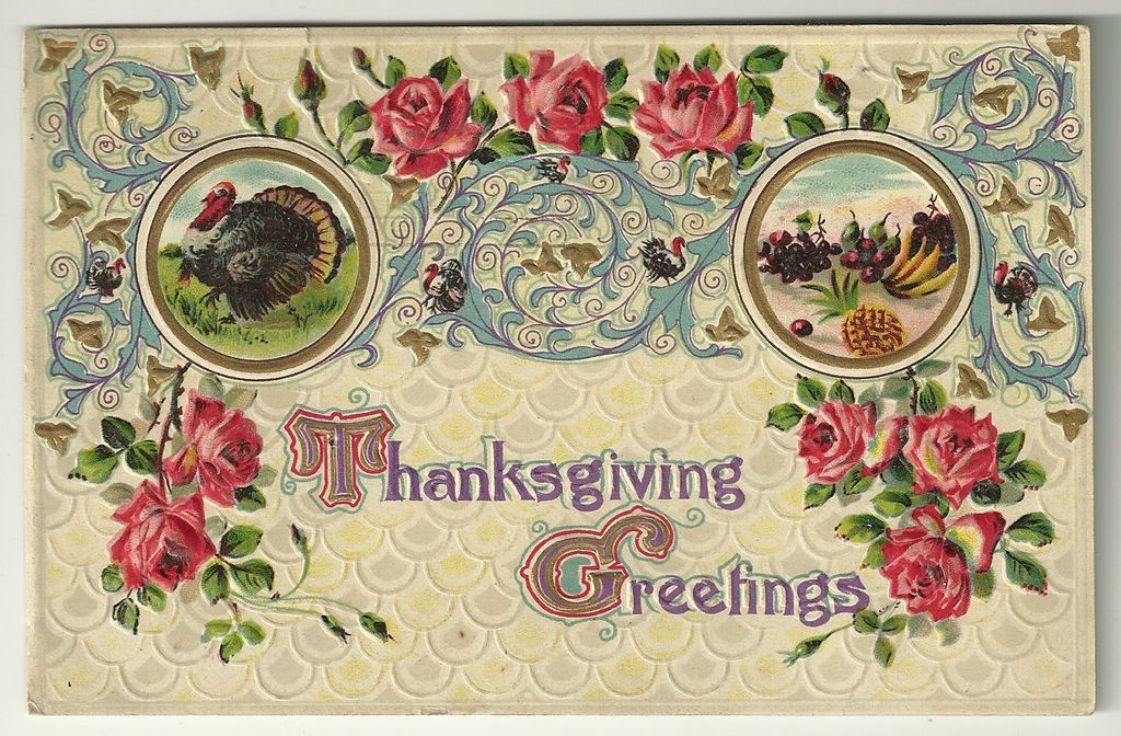Decorative Thanksgiving Postcard with Red Roses and Blue/Gold Flourishes Decorative Thanksgiving Postcard with Red Roses and Blue/Gold Flourishes