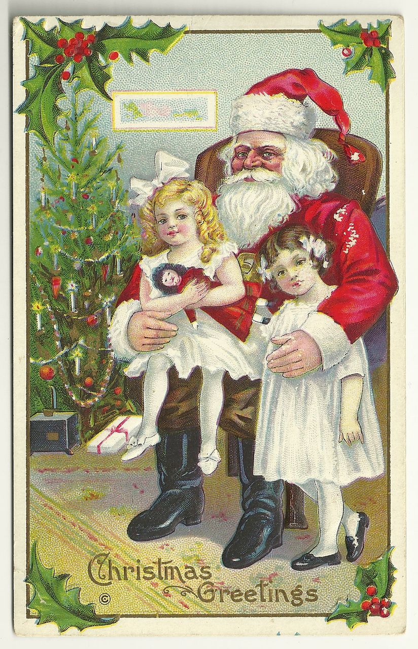 Stecher Postcard - Victorian Style Girls with Santa Stecher Postcard - Victorian Style Girls with Santa