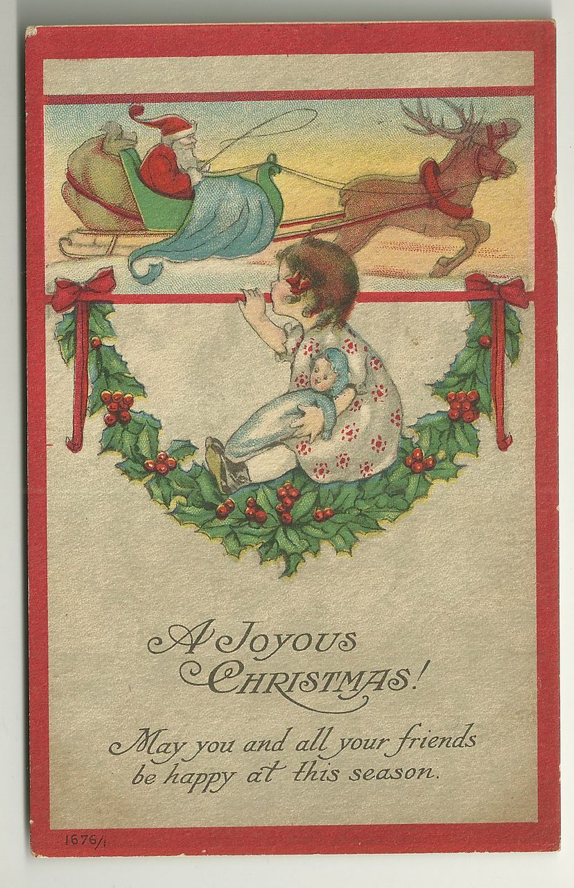 1915 Christmas Postcard with LIttle Girl Watching Santa in his Sleigh 1915 Christmas Postcard with LIttle Girl Watching Santa in his Sleigh