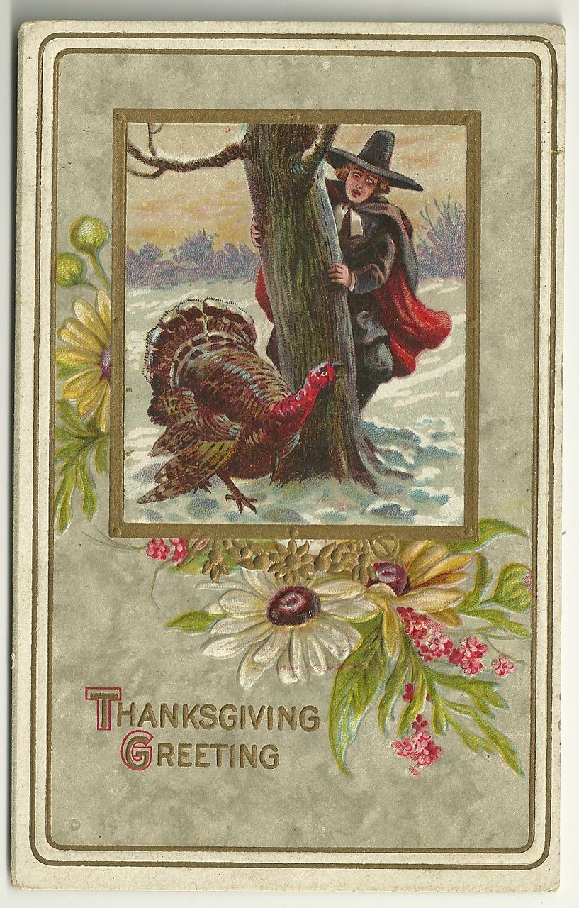Thanksgiving Postcard by J.J. Meeks with Pilgrim and Turkey Thanksgiving Postcard by J.J. Meeks with Pilgrim and Turkey