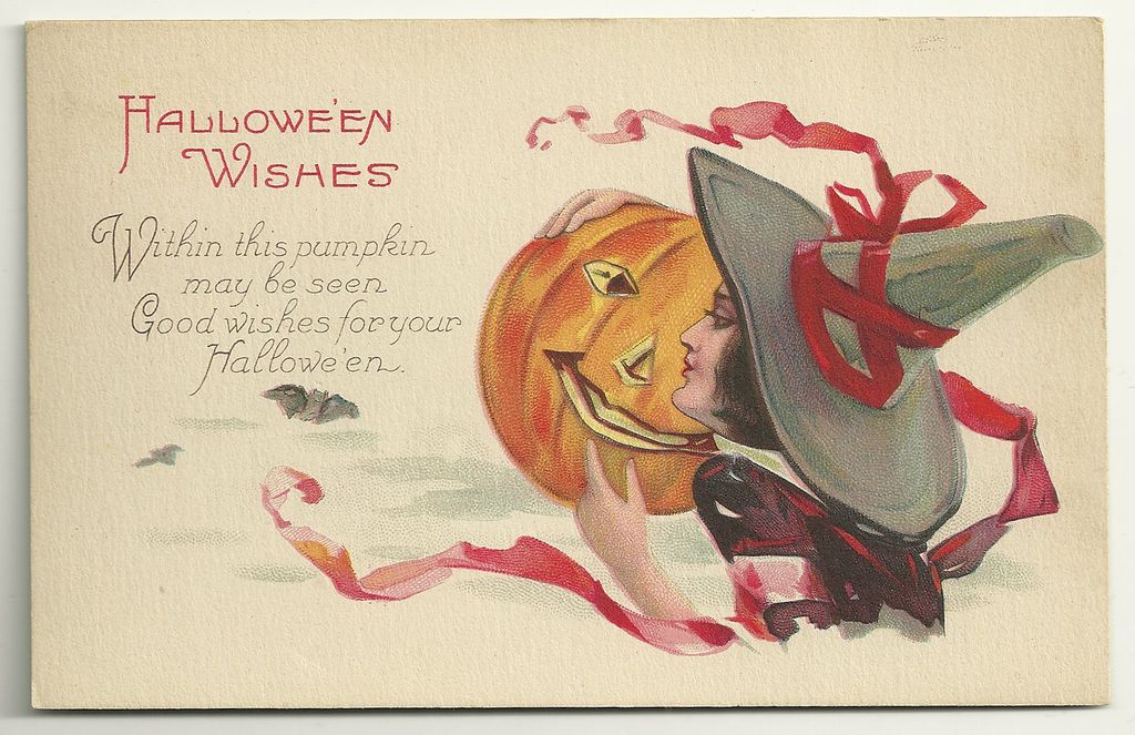 Halloween Stecher Postcard with Beautiful Witch, JOL, Bats Halloween Stecher Postcard with Beautiful Witch, JOL, Bats