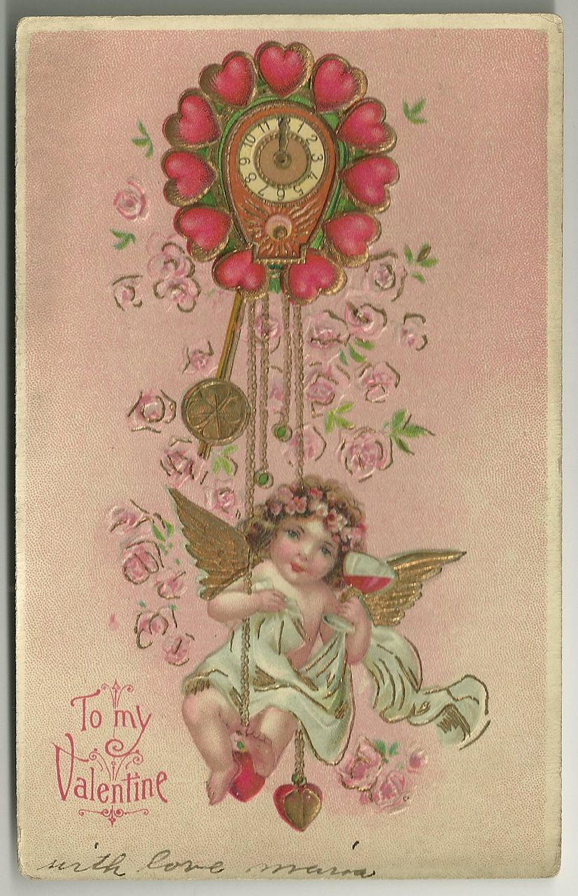Valentine Cupid with Clock and Glass of Wine Valentine Cupid with Clock and Glass of Wine
