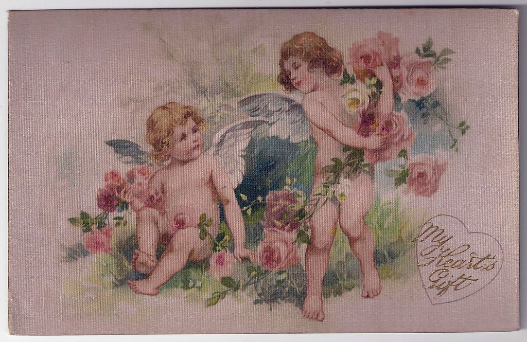 Cupids on Pink Silk Valentine Postcard with Winsch-Style Back Cupids on Pink Silk Valentine Postcard with Winsch-Style Back