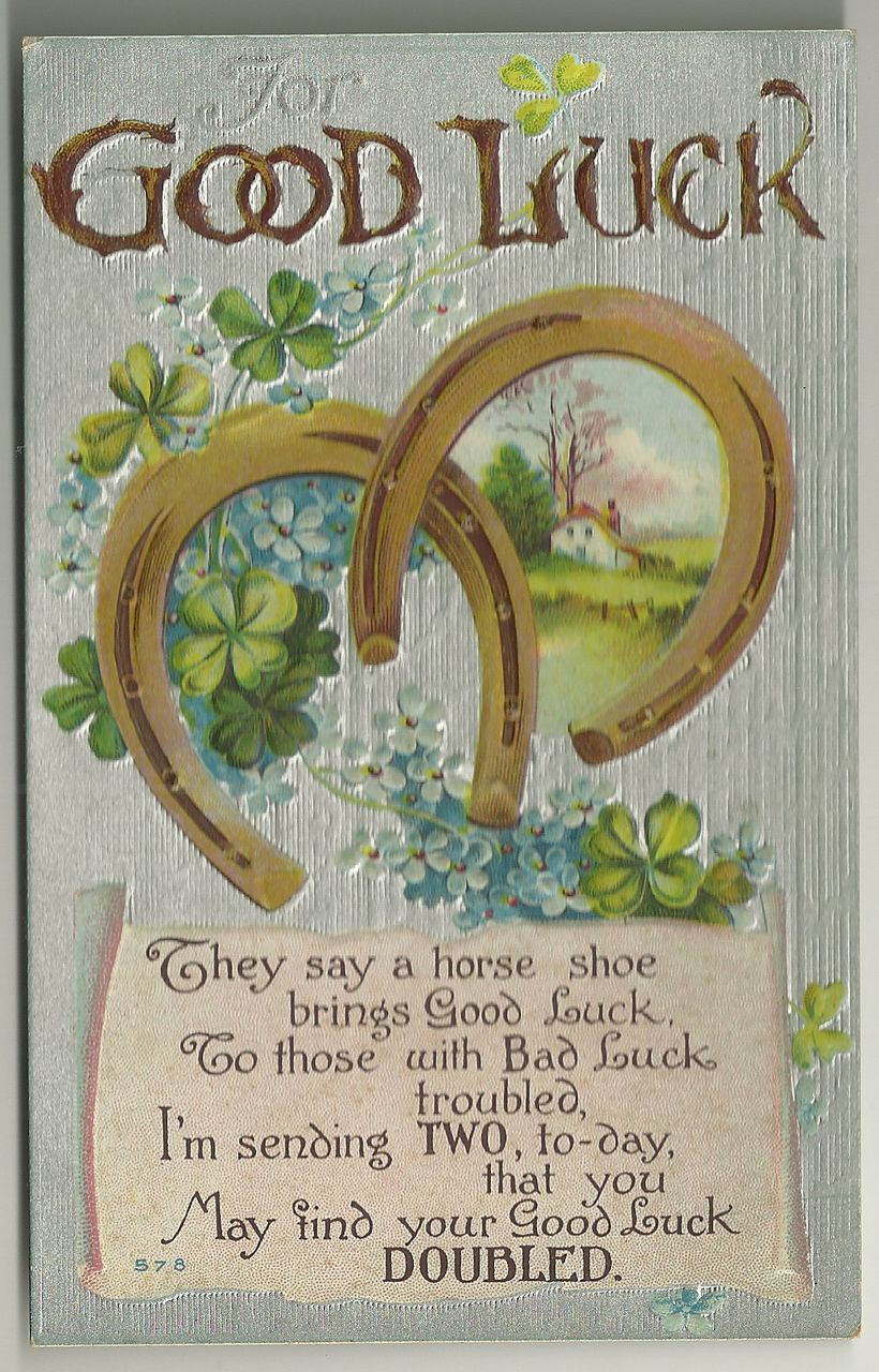Horseshoes and Four Leaf Clovers Good Luck Postcard Horseshoes and Four Leaf Clovers Good Luck Postcard