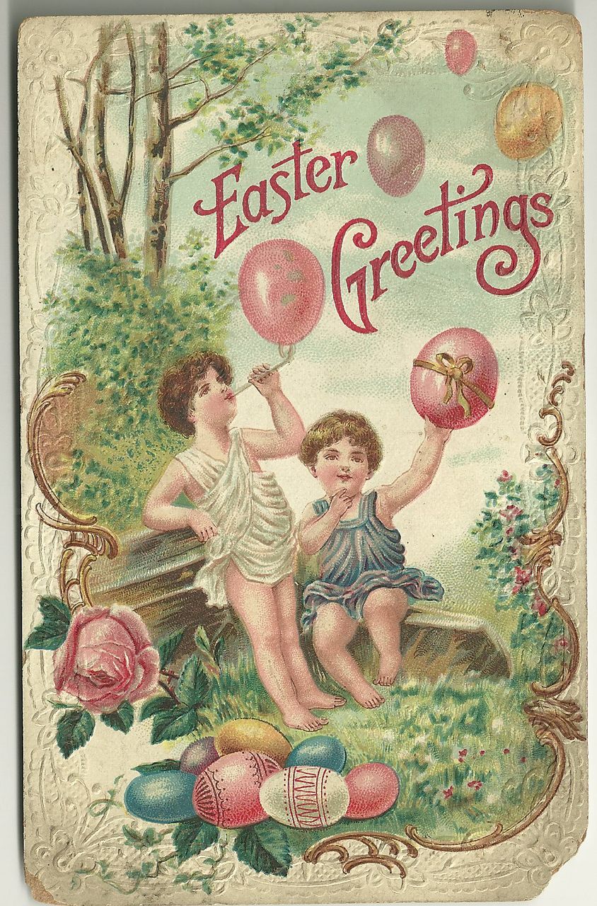 Embossed Easter Fantasy Postcard with Children Blowing Eggs from Pipe Embossed Easter Fantasy Postcard with Children Blowing Eggs from Pipe