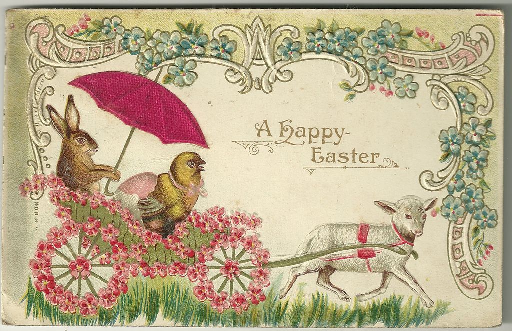 Easter Postcard of Chick and Bunny in Cart pulled by Lamb Easter Postcard of Chick and Bunny in Cart pulled by Lamb