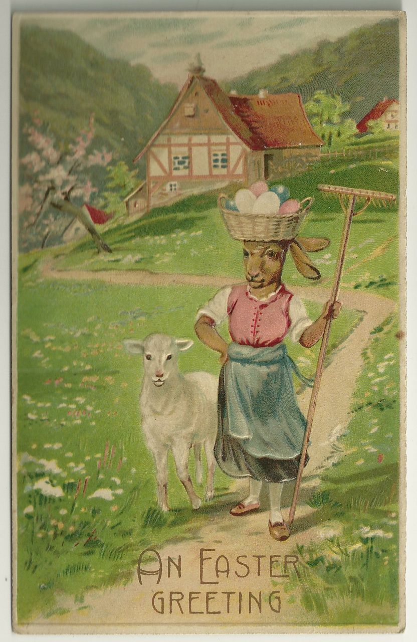 Easter Postcard with Alpine Goat Dressed in Woman's Clothing Easter Postcard with Alpine Goat Dressed in Woman's Clothing