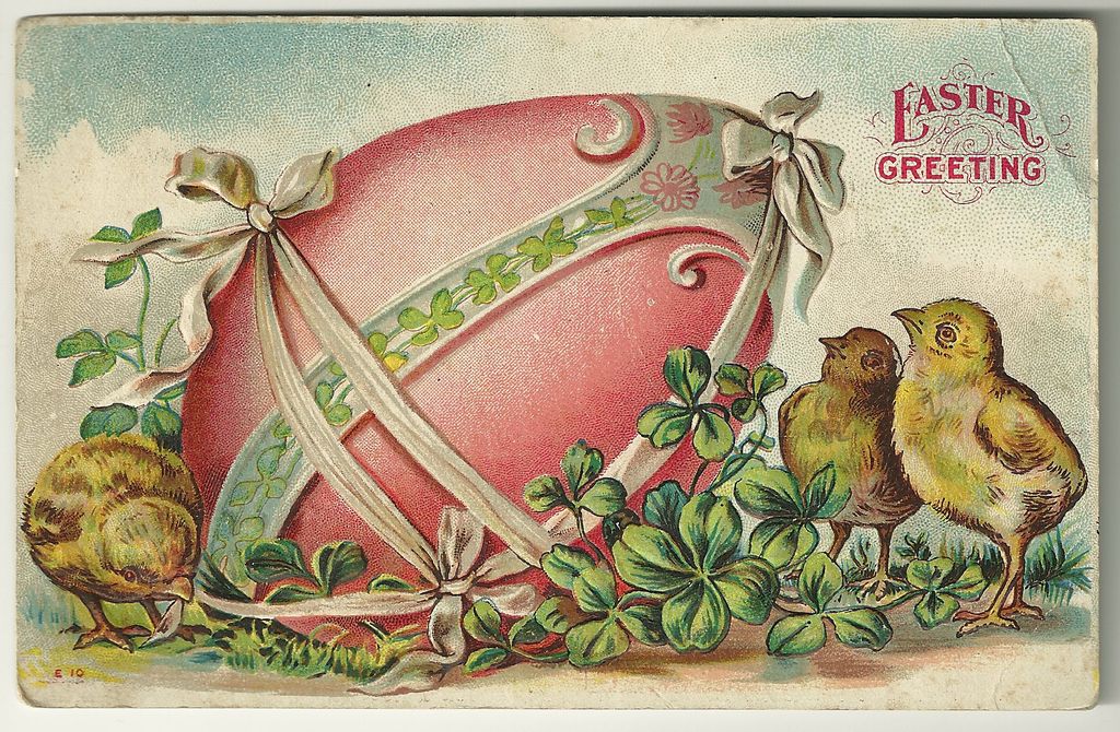 Easter Postcard with Pink Egg, Chicks and Clovers Easter Postcard with Pink Egg, Chicks and Clovers