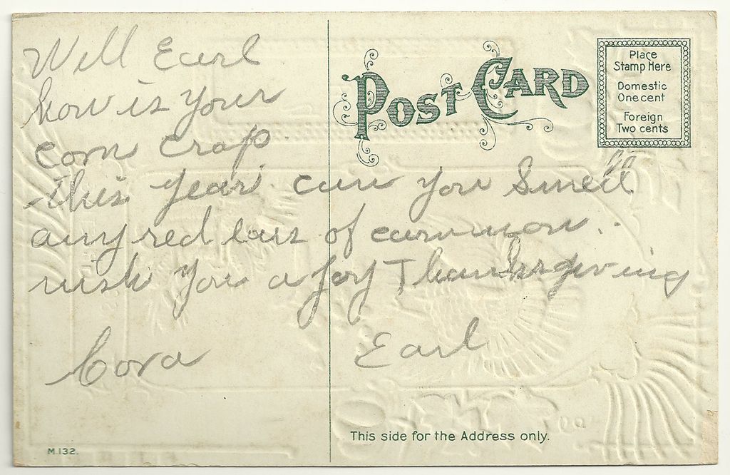 J. Herman 1912 Thanksgiving Postcard with White on White Embossing J. Herman 1912 Thanksgiving Postcard with White on White Embossing