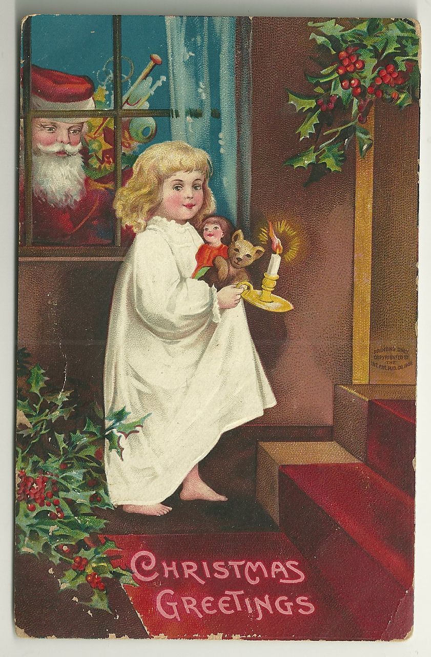 Unsigned Clapsaddle Christmas Card with Santa and GIrl Unsigned Clapsaddle Christmas Card with Santa and GIrl
