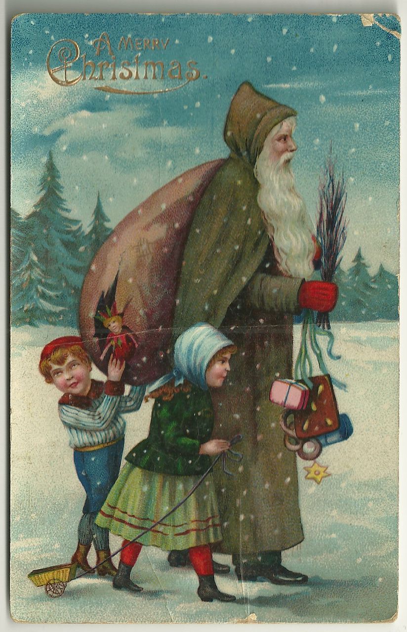 Green Robe Santa with Switches Antique Postcard Green Robe Santa with Switches Antique Postcard